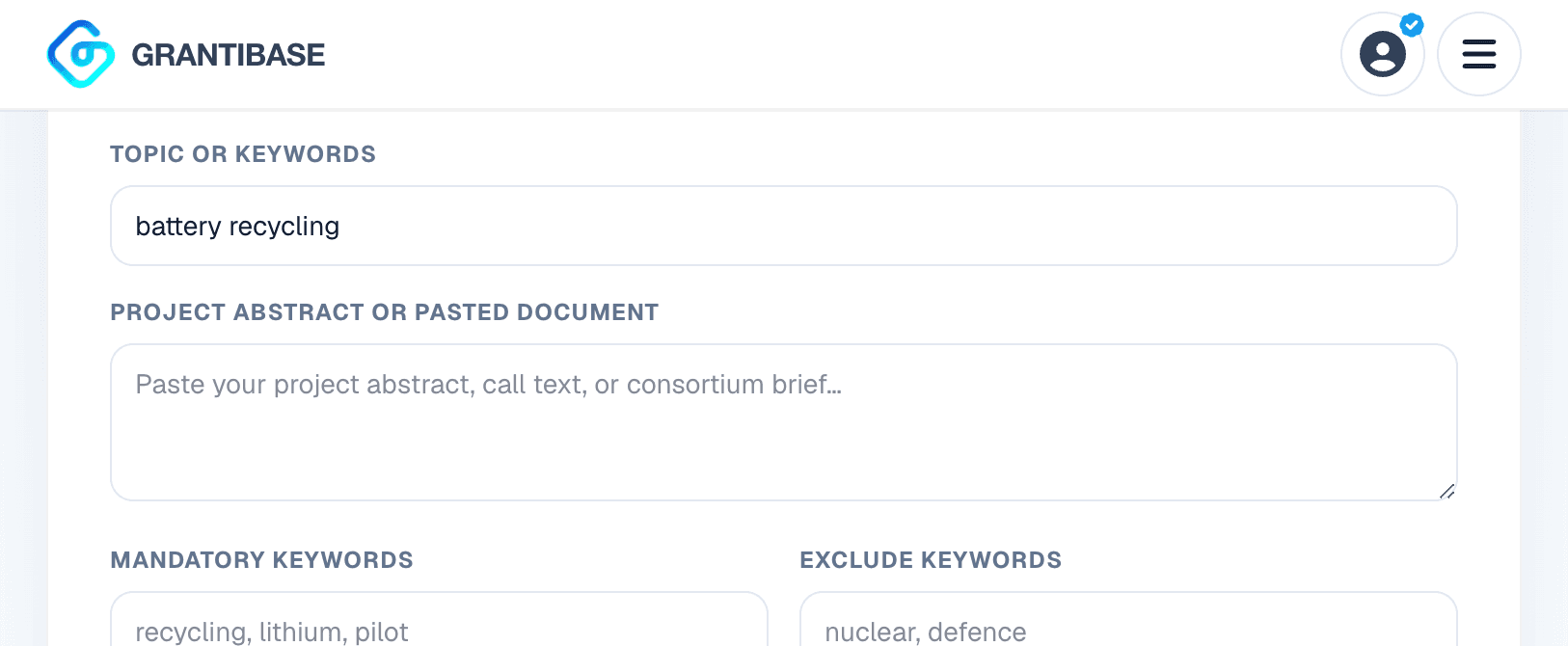 Consortium Builder brief form with topic, abstract, and keyword filters