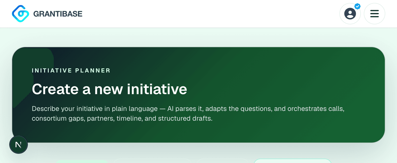 Initiative planner landing screen to create a new initiative from plain language