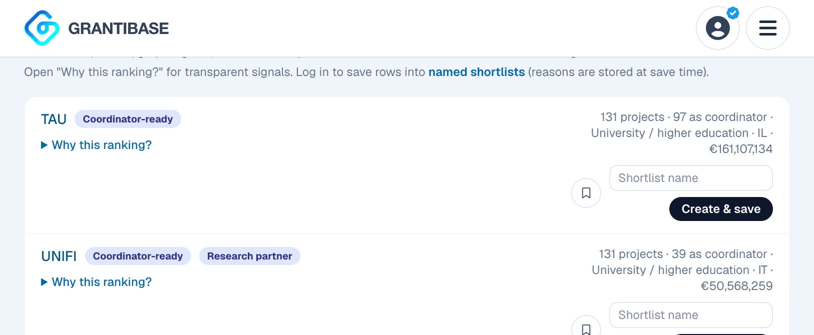 Partner Finder top organisations list with fit scores and shortlist actions