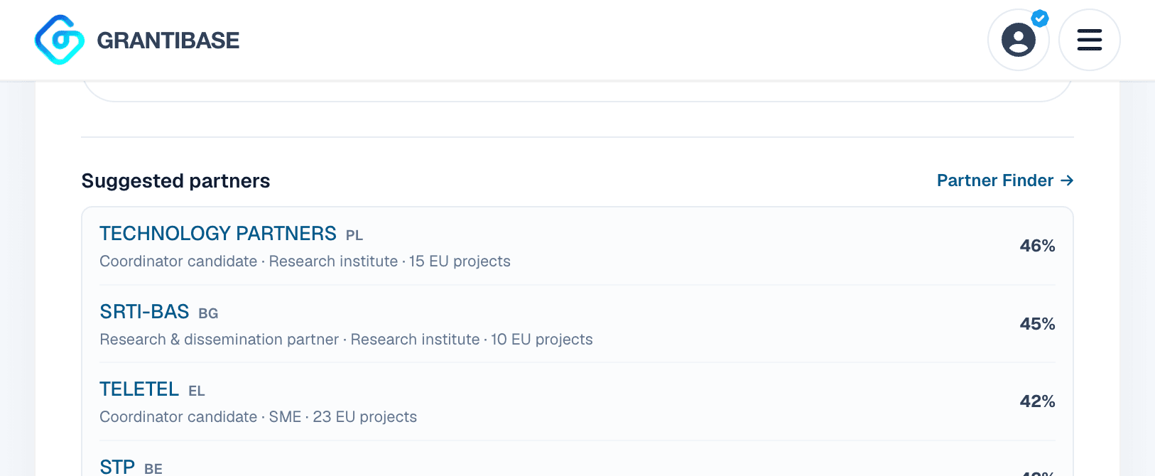 Suggested partners ranked by fit percentage on a funding opportunity page